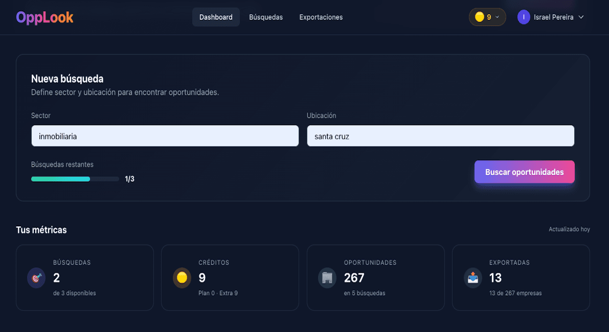 Pantalla de búsqueda por sector y zona en Opplook